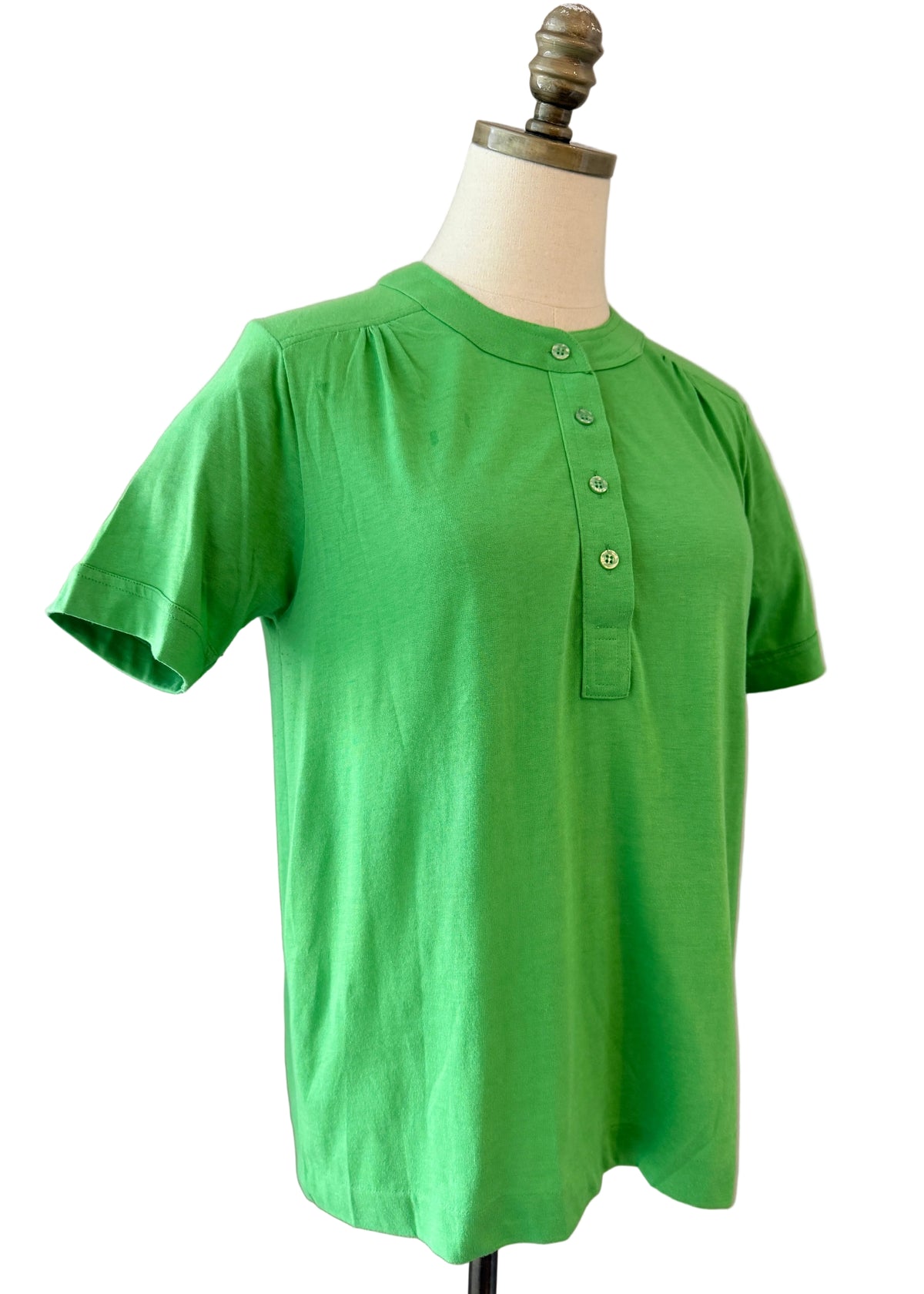 1970s Leon Levin Cotton Green 3/4 Button-Front Tee with Gathered Shoulders