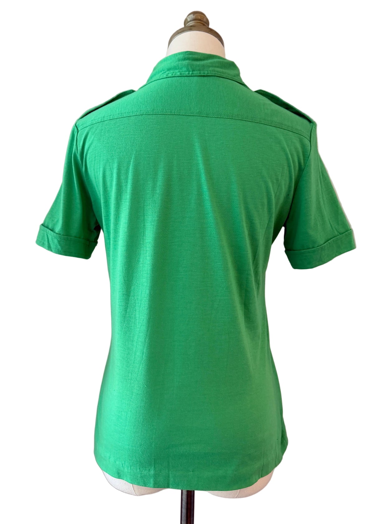 1960s Lady Manhattan Green Cotton 3/4 Button-Front Shirt with Dagger Collar