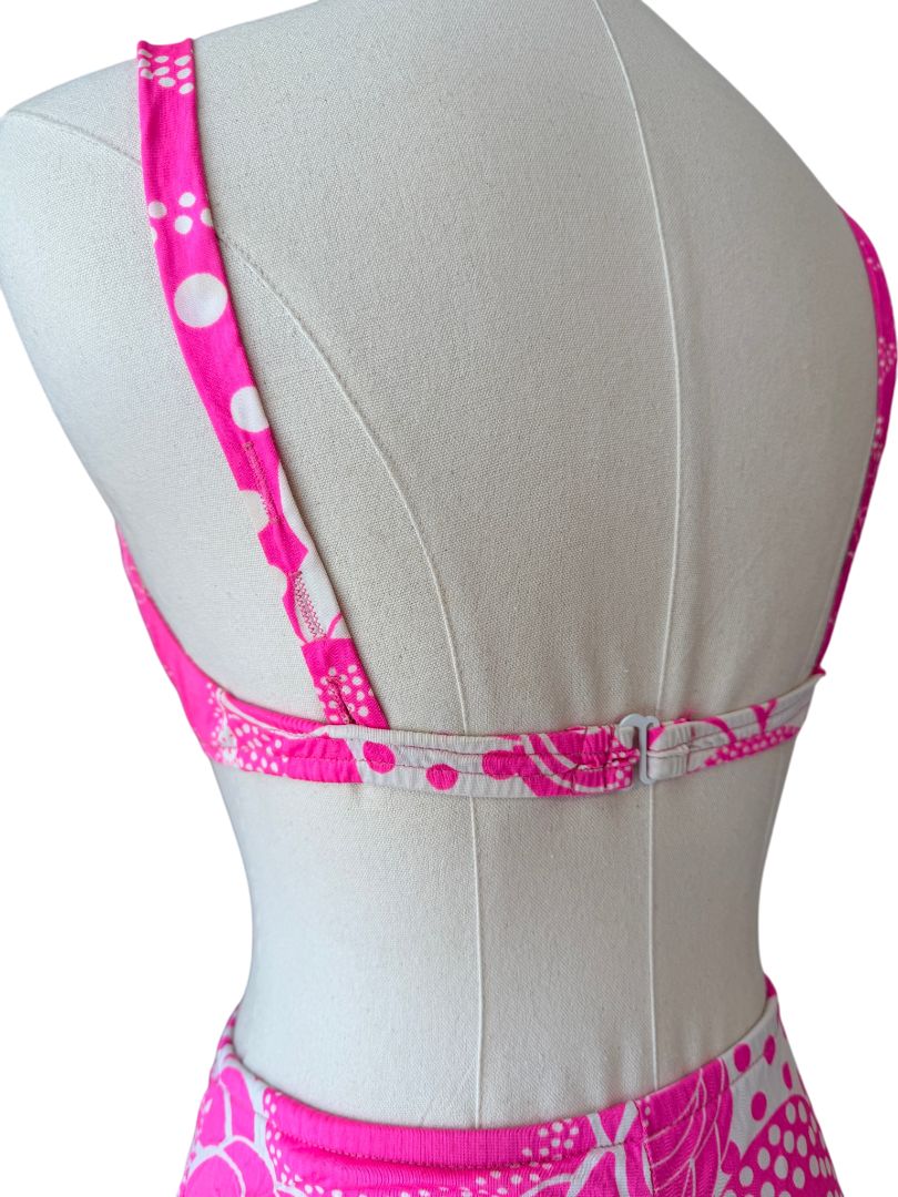 PM107 1960s Rose Marie Reid pink & white mod print 2pc bikini