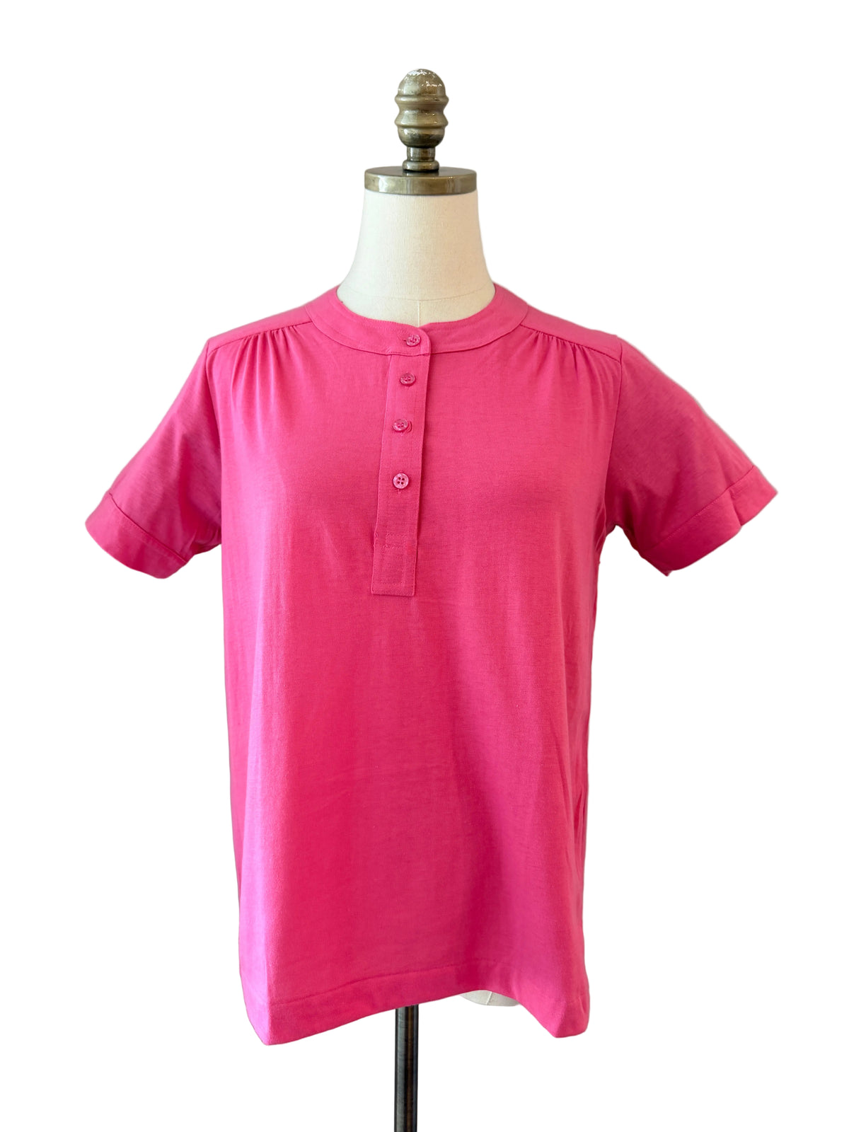 1970s Leon Levin Cotton Pink 3/4 Button-Front Tee with Gathered Shoulders