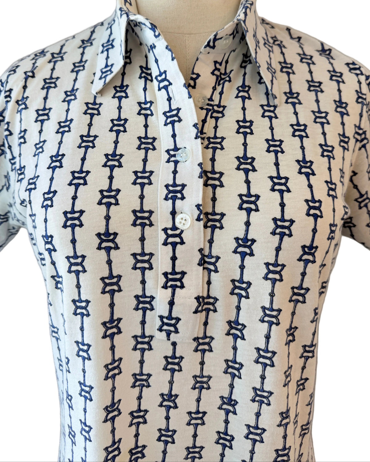 1970s Leon Levin White Cotton Horse Bit Print 3/4 Button-Front Collared T-Shirt