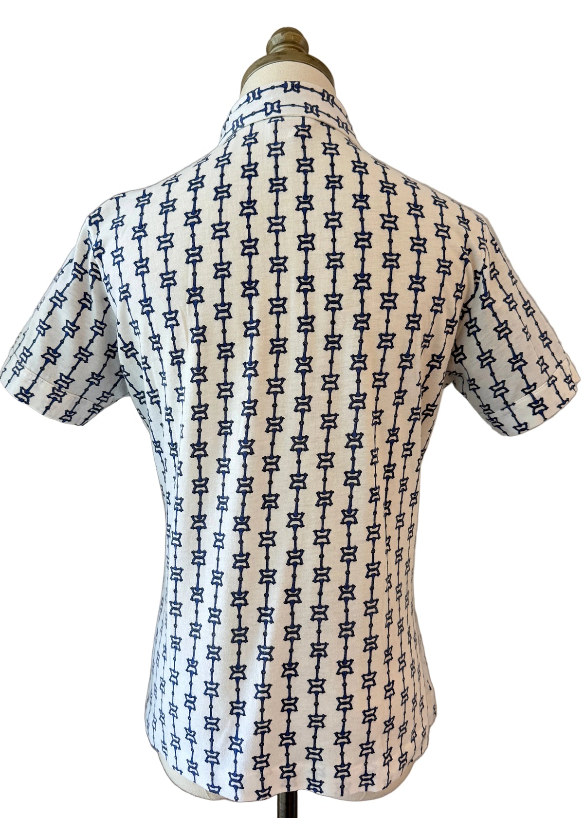 1970s Leon Levin White Cotton Horse Bit Print 3/4 Button-Front Collared T-Shirt