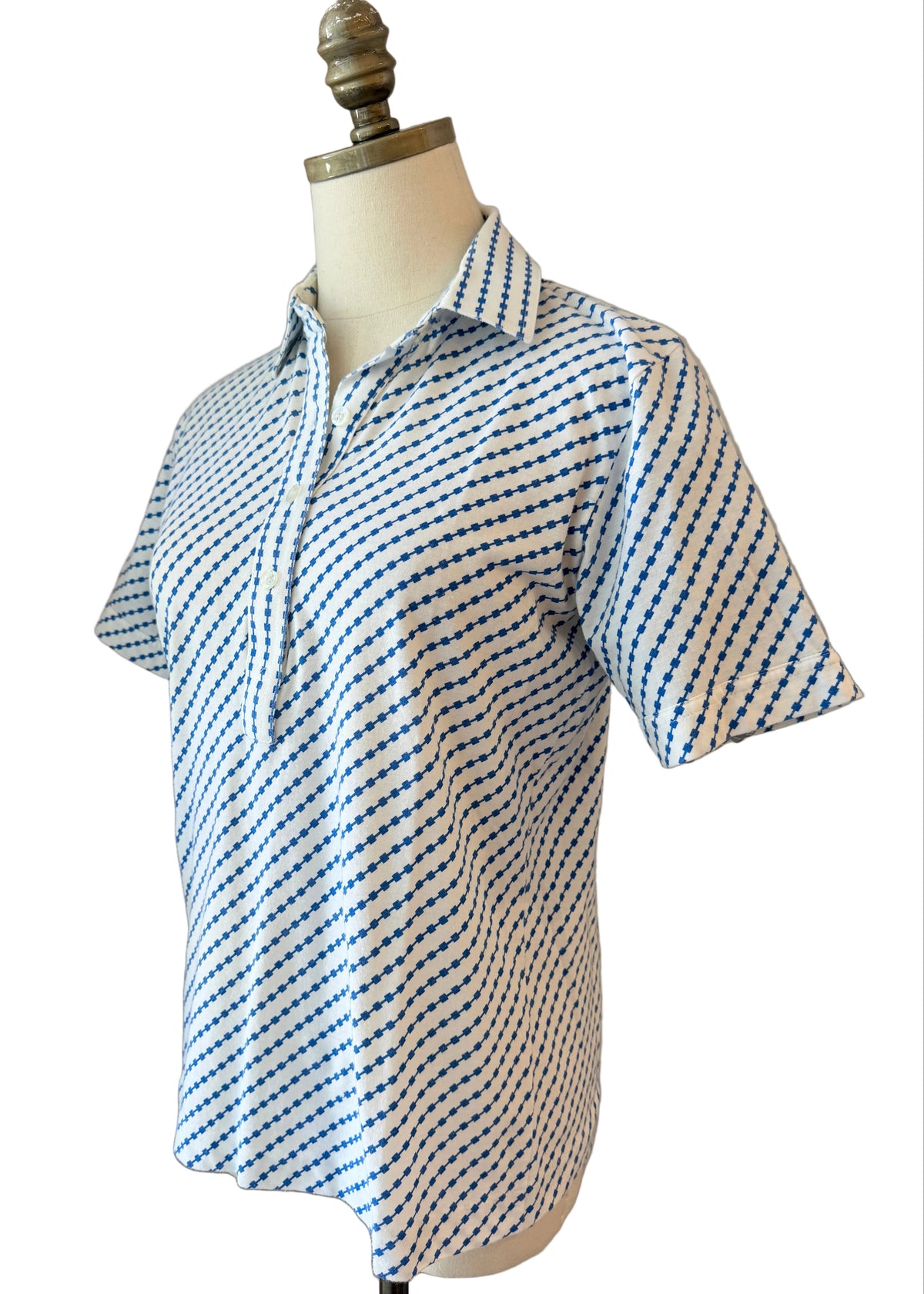1970s Leon Levin White Cotton Square Link Print 3/4 Button-Front Collared T-Shirt