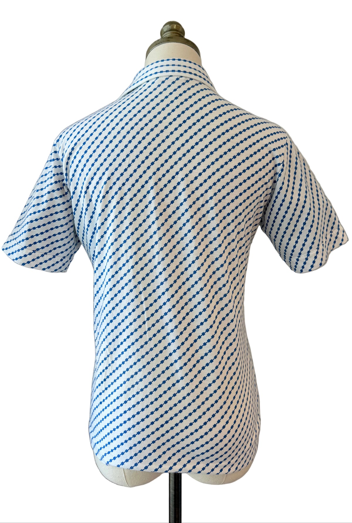 1970s Leon Levin White Cotton Square Link Print 3/4 Button-Front Collared T-Shirt