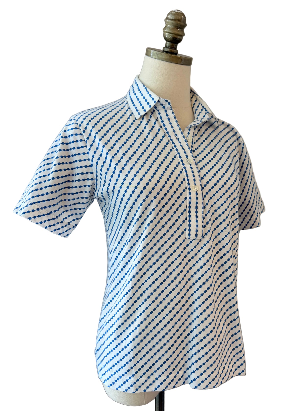 1970s Leon Levin White Cotton Square Link Print 3/4 Button-Front Collared T-Shirt