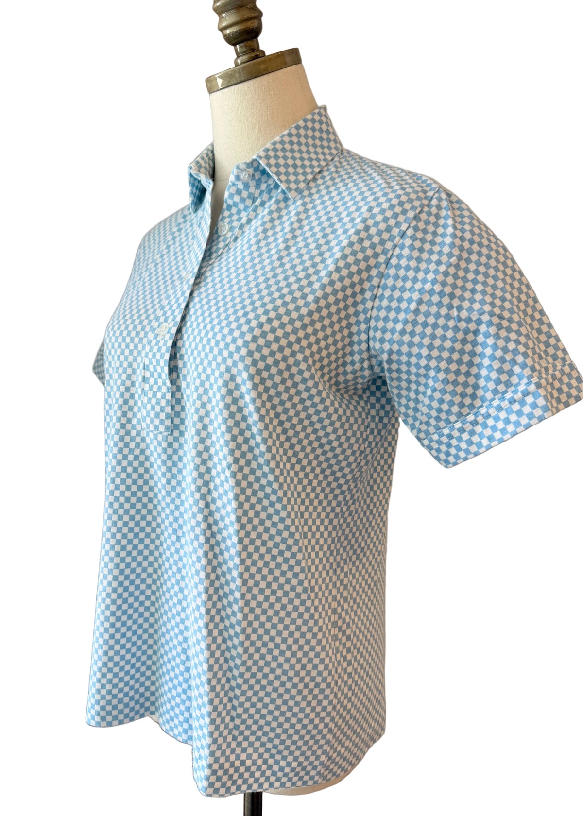 1970s Leon Levin White & Pale Blue Cotton Checkerboard Print 3/4 Button-Front Collared T-Shirt