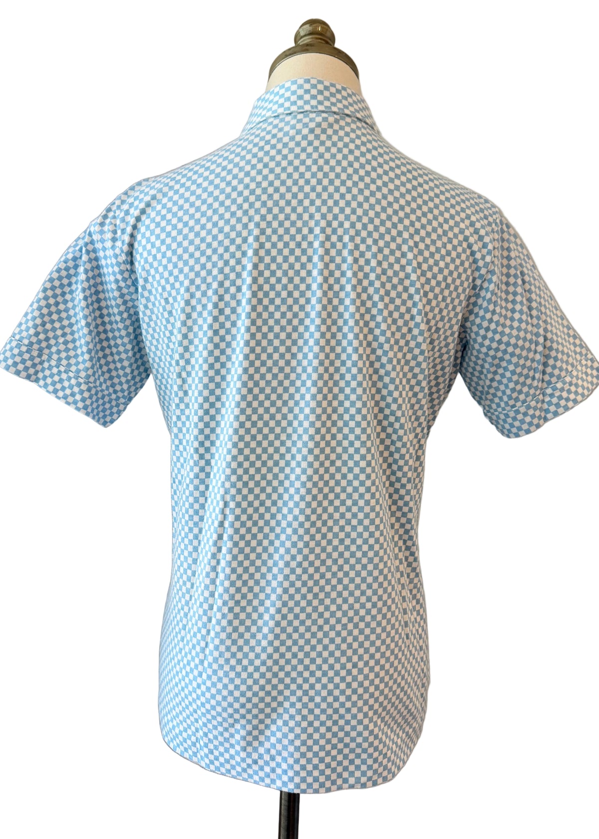 1970s Leon Levin White & Pale Blue Cotton Checkerboard Print 3/4 Button-Front Collared T-Shirt