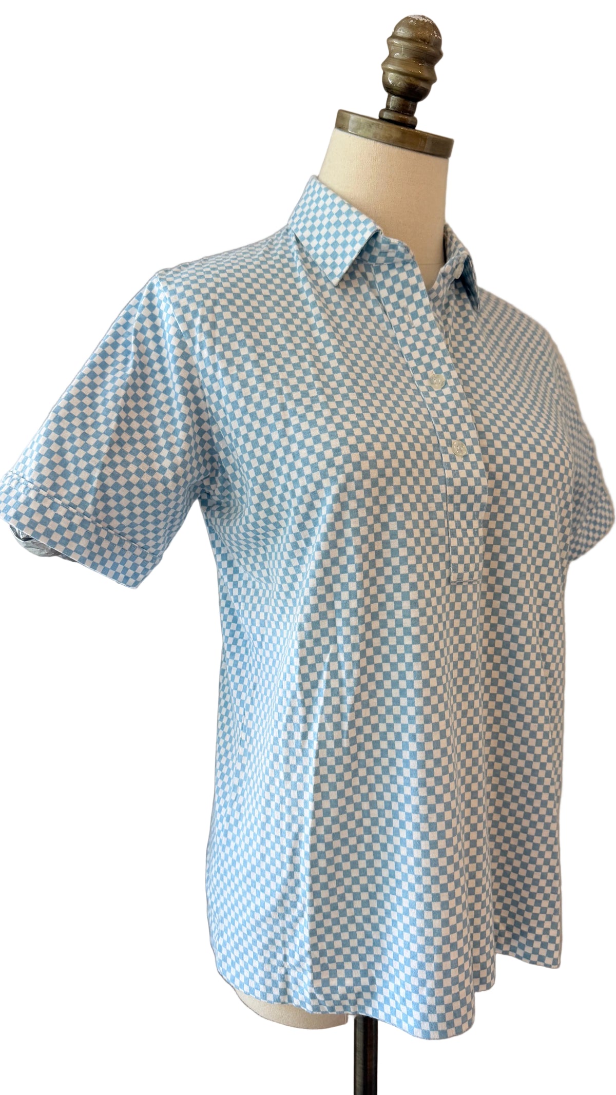 1970s Leon Levin White & Pale Blue Cotton Checkerboard Print 3/4 Button-Front Collared T-Shirt