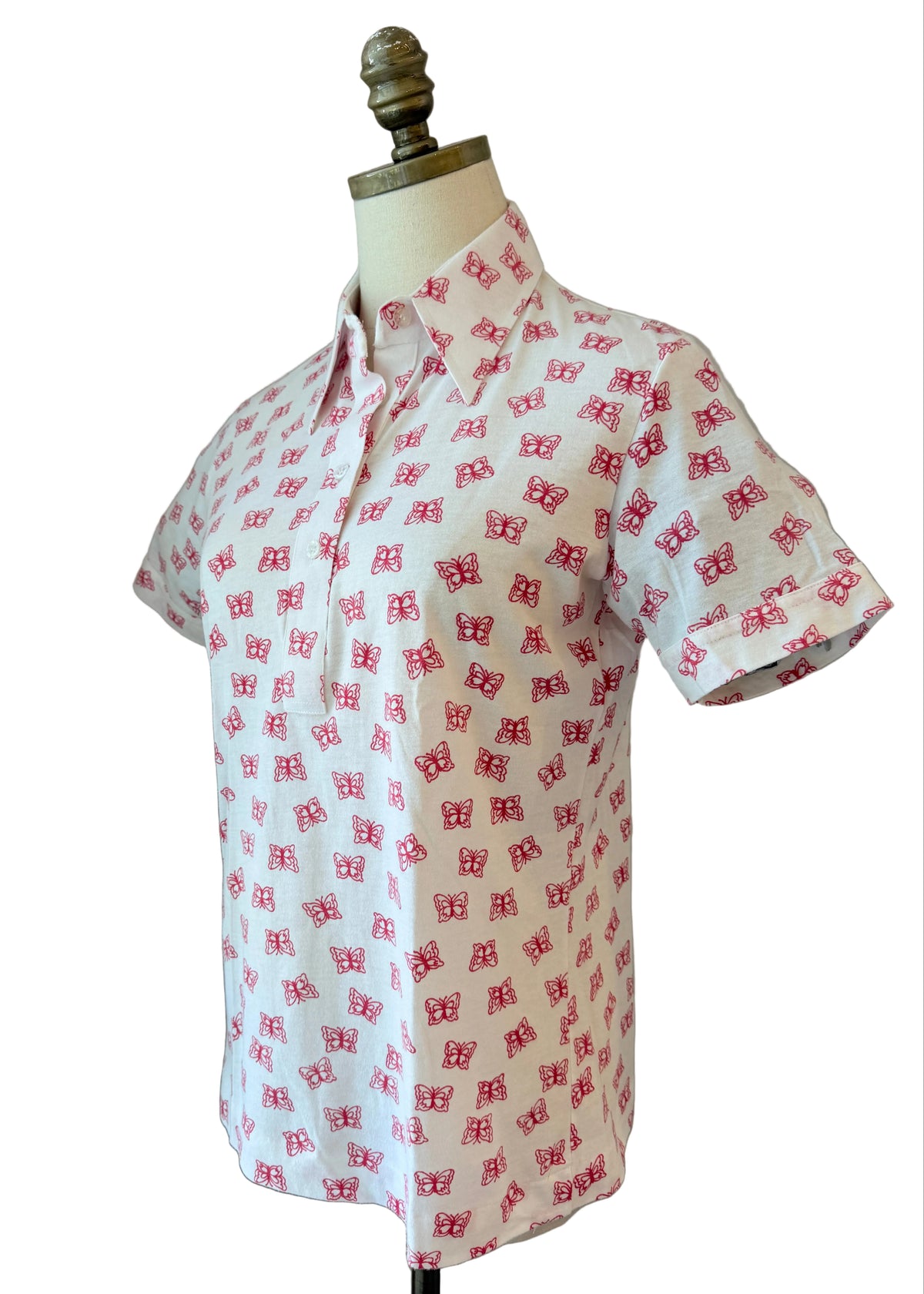 1970s Leon Levin White & Brown Chess Knight Print Cotton 3/4 Button-Front Collared T-Shirt