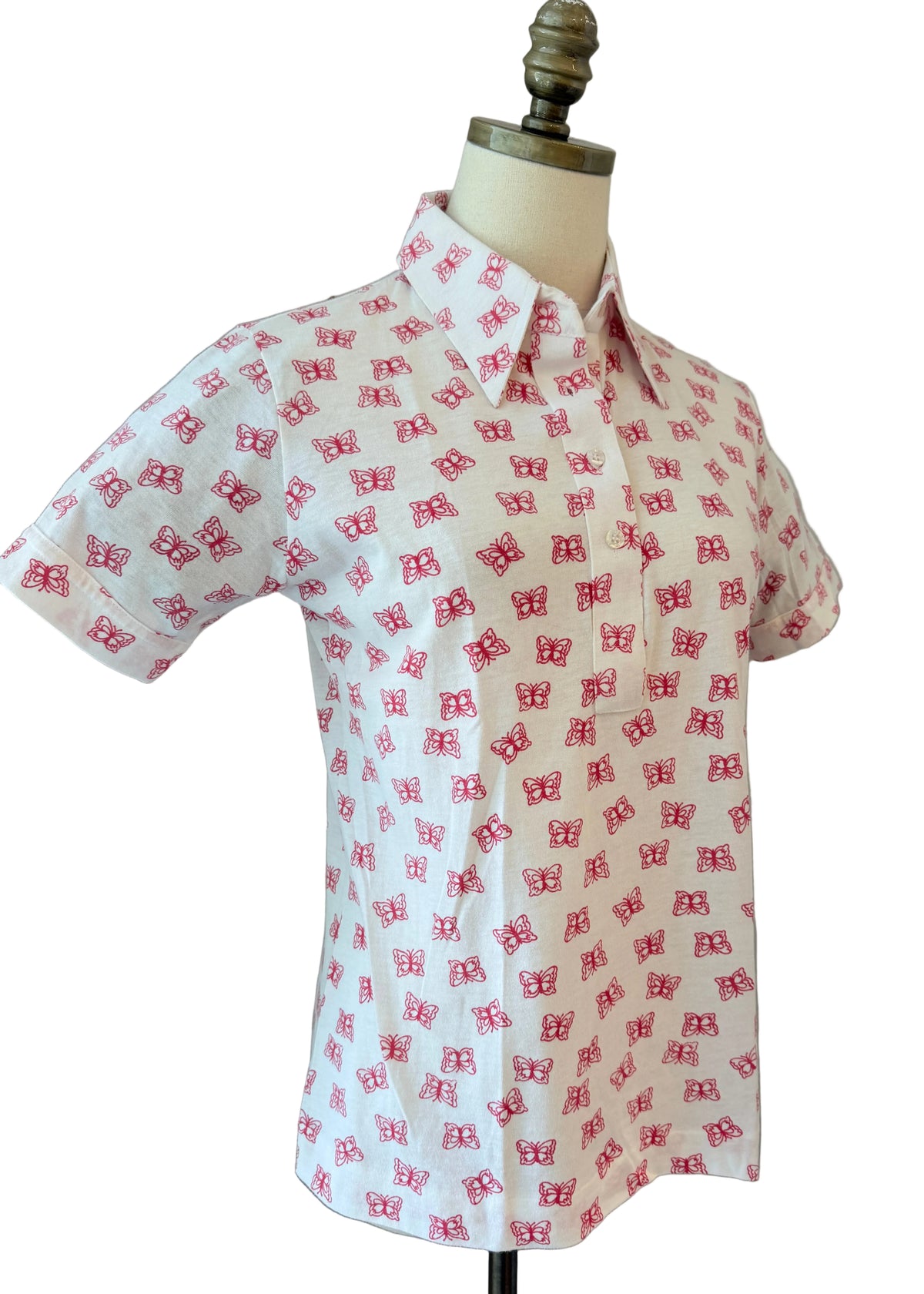 1970s Leon Levin White & Brown Chess Knight Print Cotton 3/4 Button-Front Collared T-Shirt