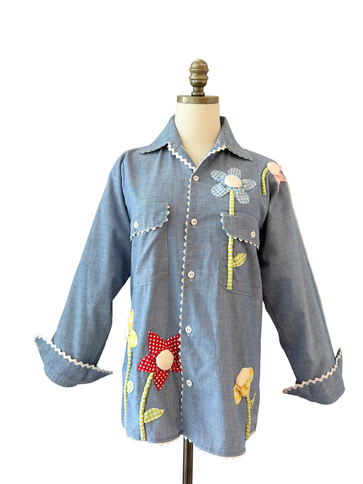 1960s JCPenney Big Mac Chambray Shirt with Gingham Puffy Flower Appliqués