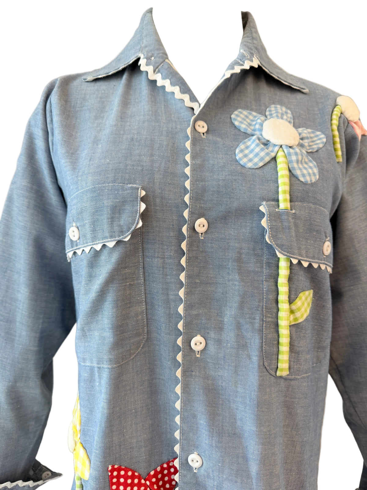 1960s JCPenney Big Mac Chambray Shirt with Gingham Puffy Flower Appliqués