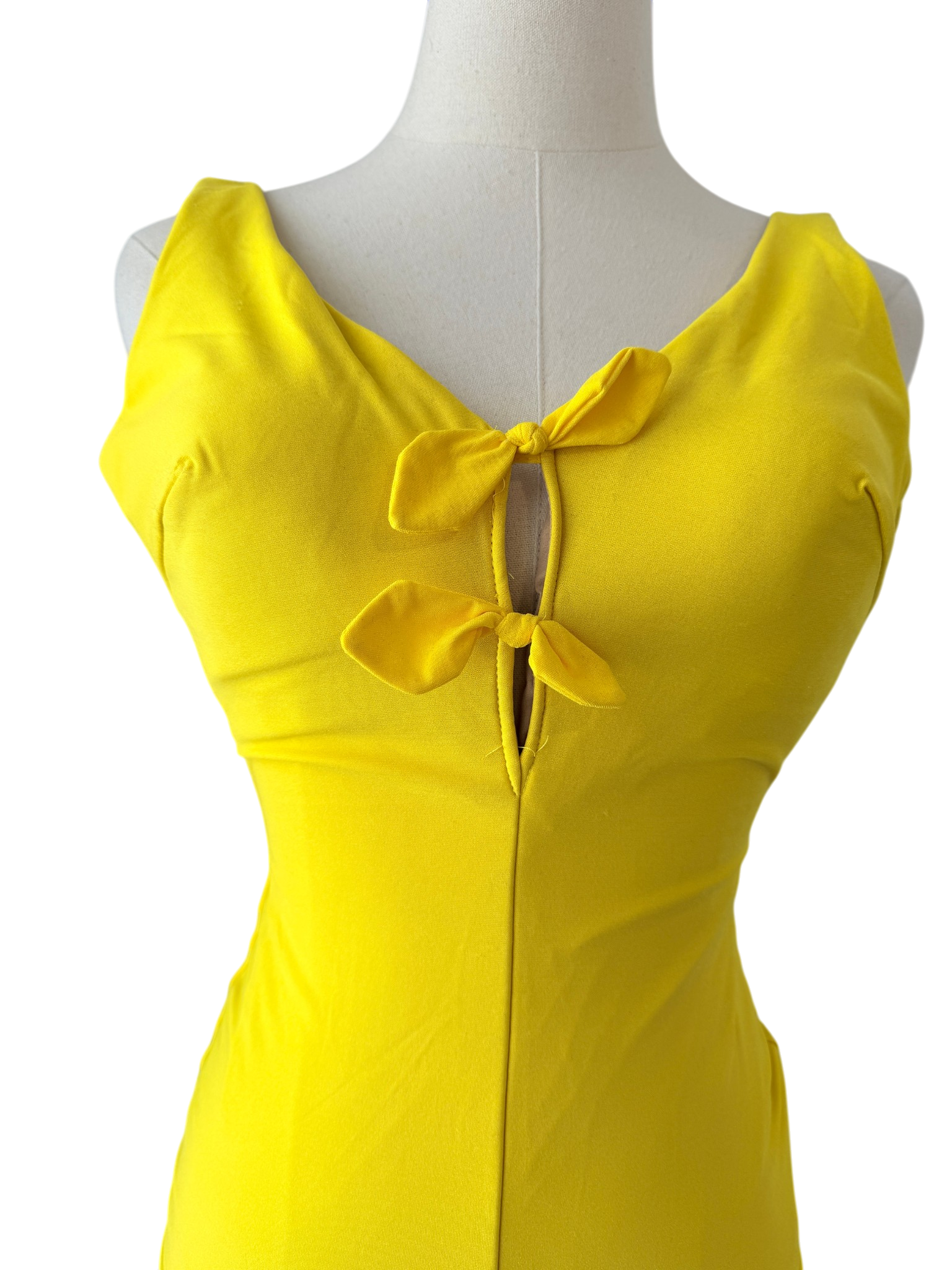 1960s Cole of California Yellow One-Piece Swimsuit with Peekaboo Front and Bow Detail