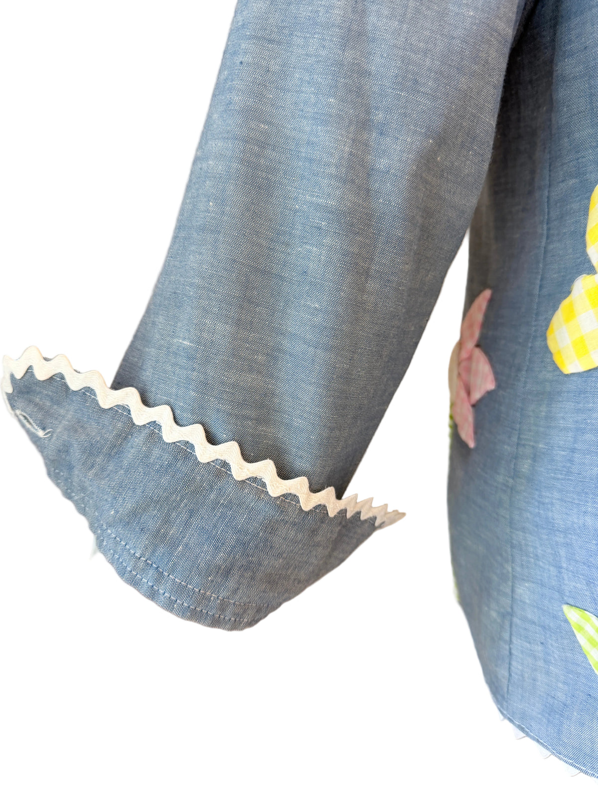 1960s JCPenney Big Mac Chambray Shirt with Gingham Puffy Flower Appliqués