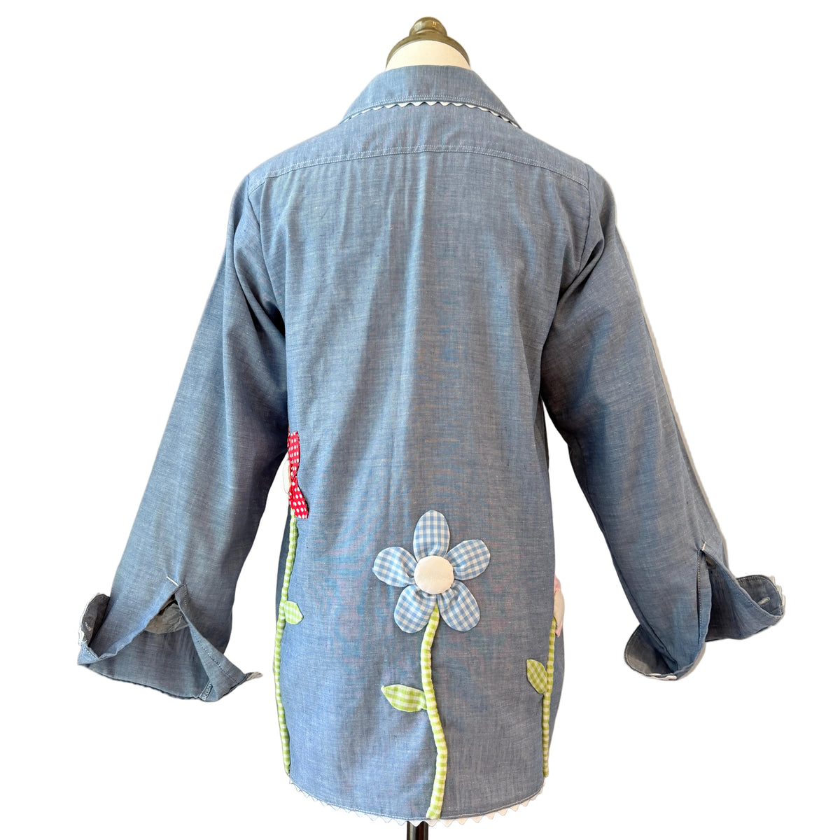 1960s JCPenney Big Mac Chambray Shirt with Gingham Puffy Flower Appliqués