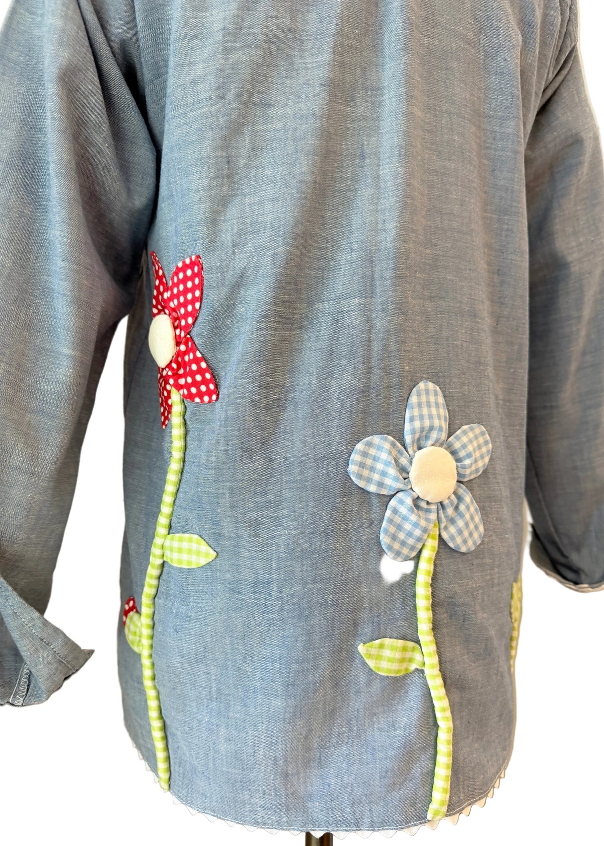 1960s JCPenney Big Mac Chambray Shirt with Gingham Puffy Flower Appliqués
