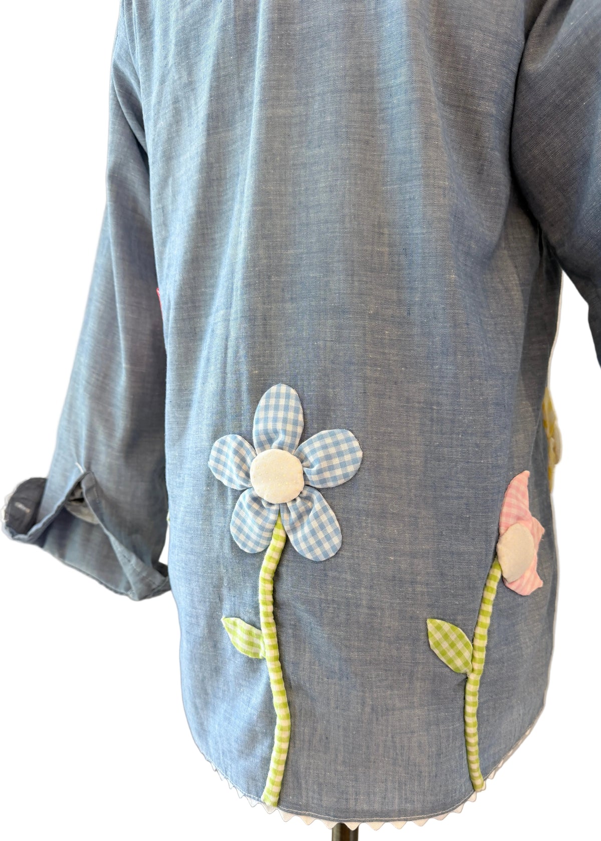 1960s JCPenney Big Mac Chambray Shirt with Gingham Puffy Flower Appliqués