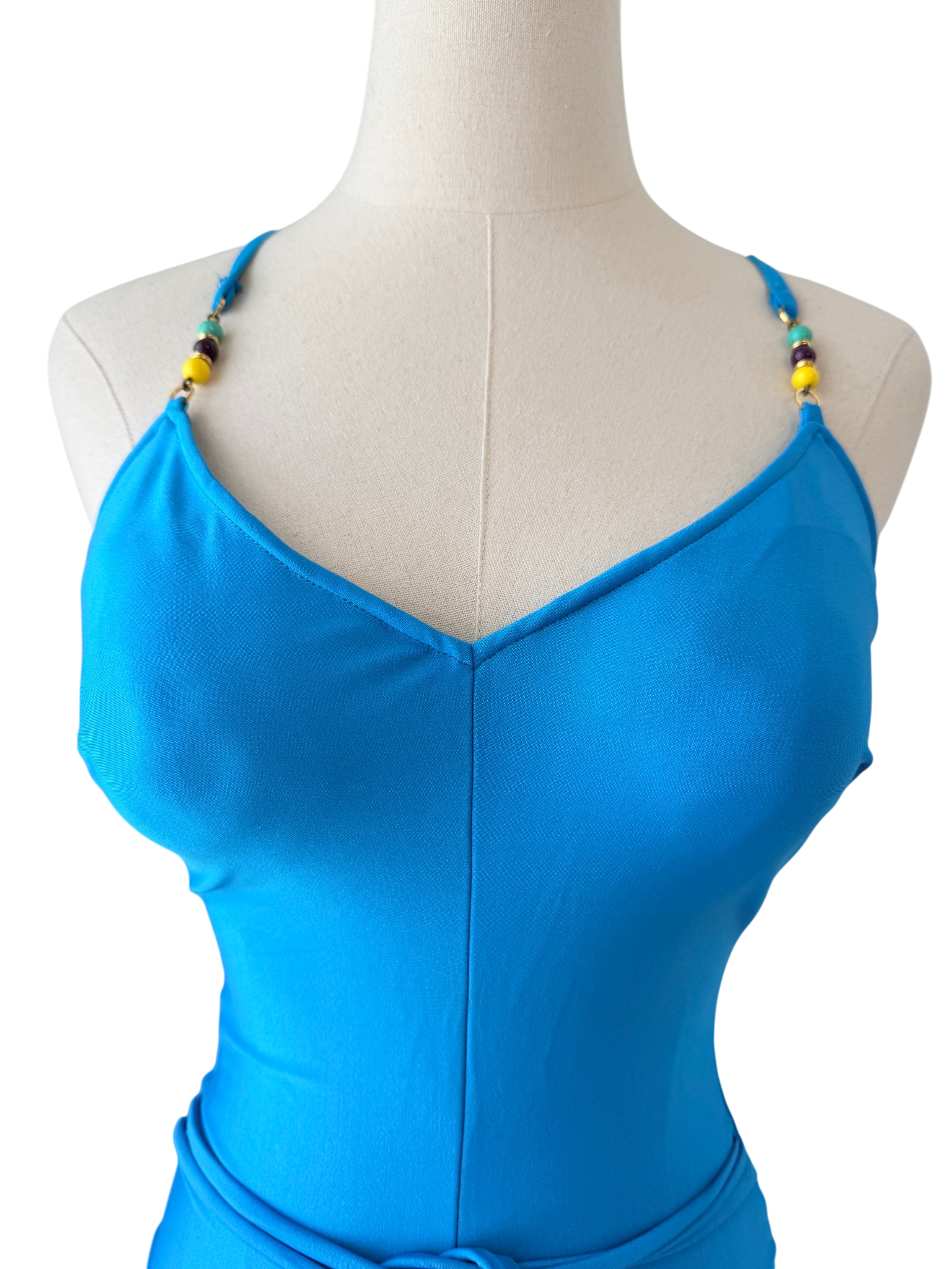 1970s Gottex Teal One-Piece Bathing Suit with Beaded Straps and Belt