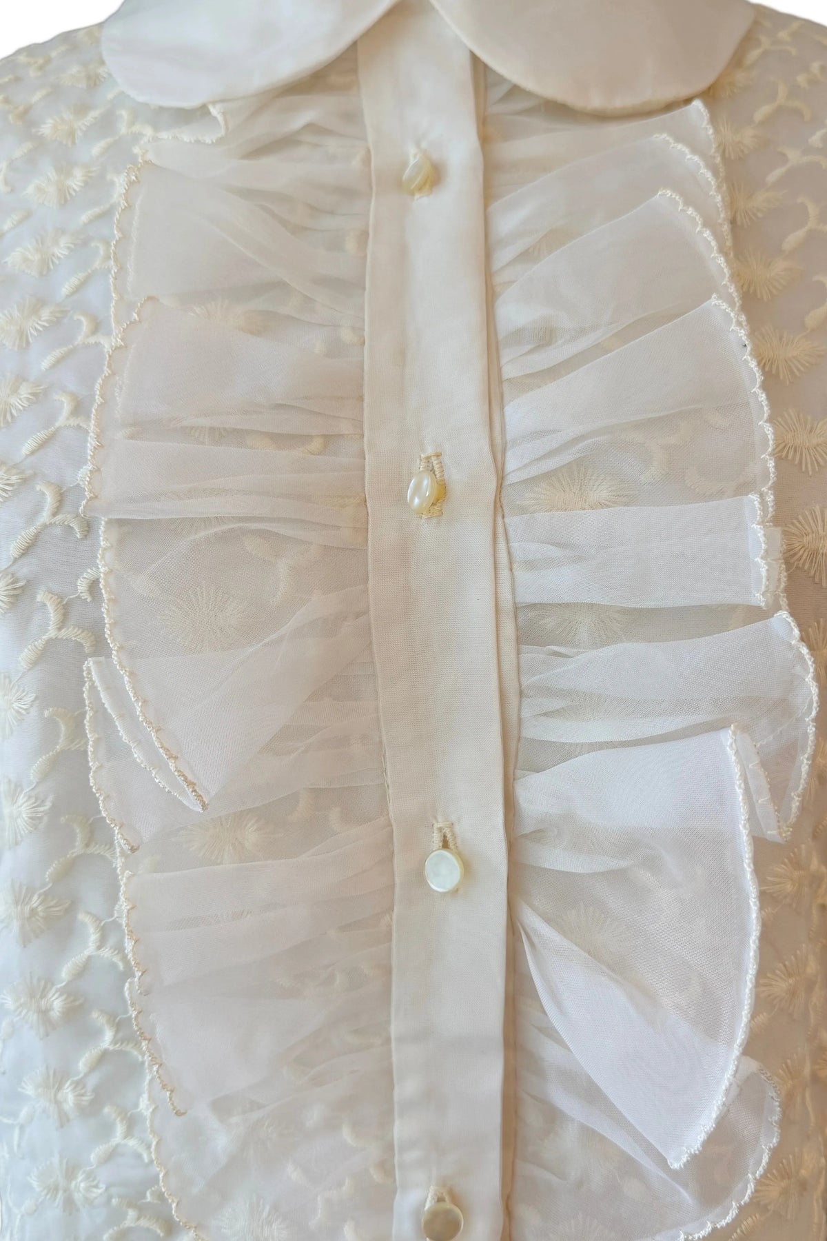1970s Ivory Organza Lace & Ruffle Tuxedo Blouse with Sheer Sleeves