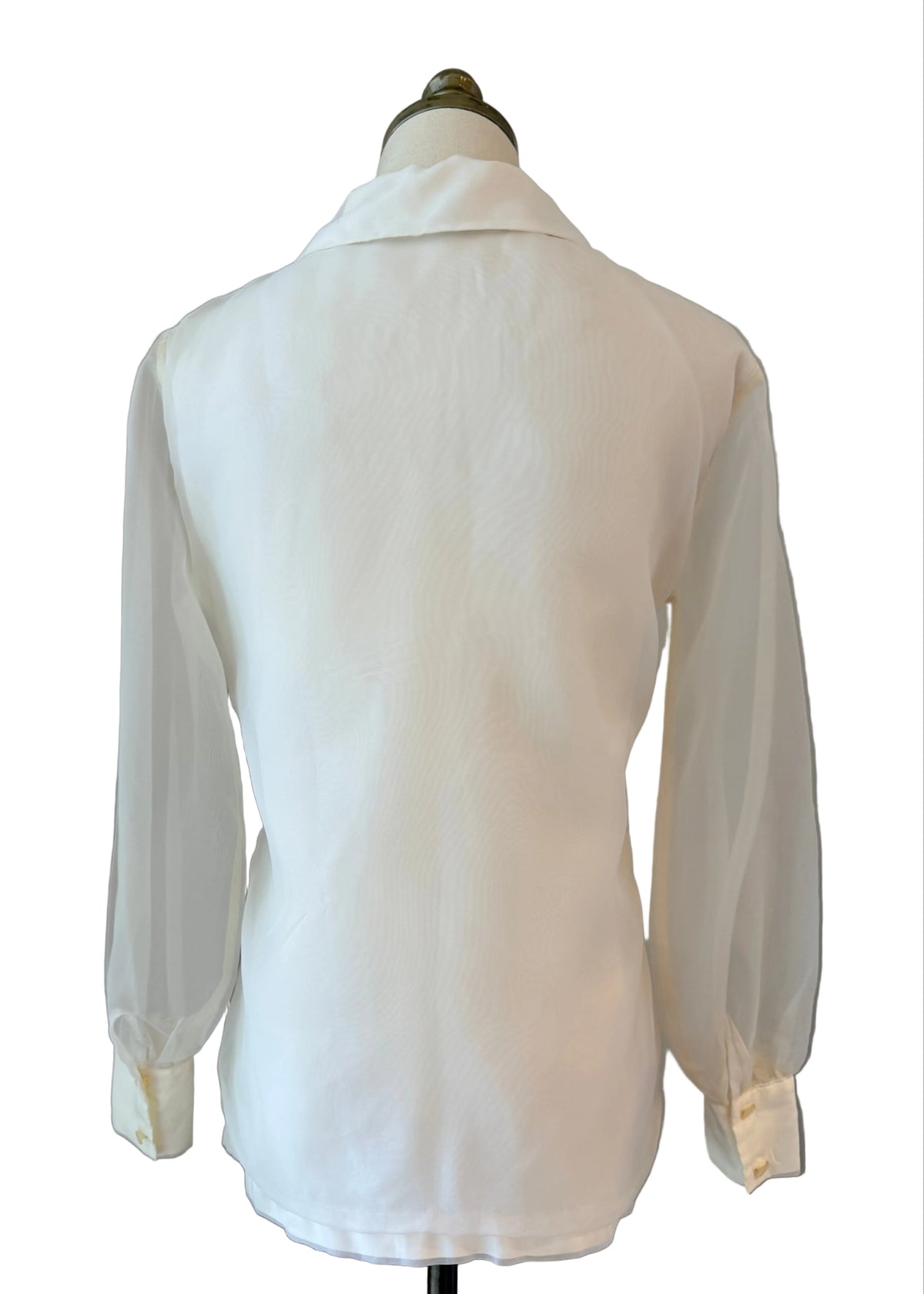 1970s Ivory Organza Lace & Ruffle Tuxedo Blouse with Sheer Sleeves