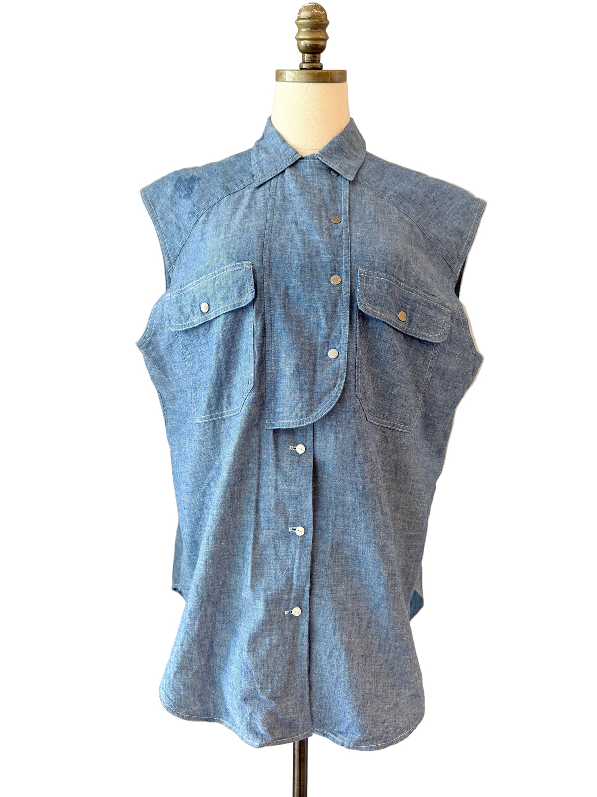 1980s Ralph Lauren Chambray Button-Front Collared Tank with Crossover Snap Panel & Pockets