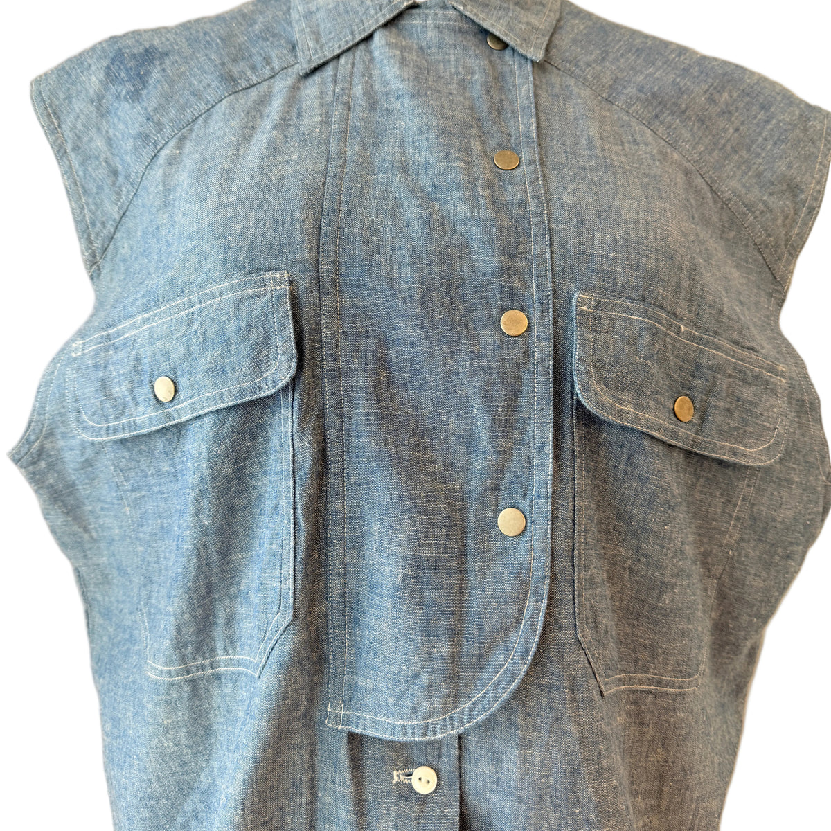 1980s Ralph Lauren Chambray Button-Front Collared Tank with Crossover Snap Panel & Pockets
