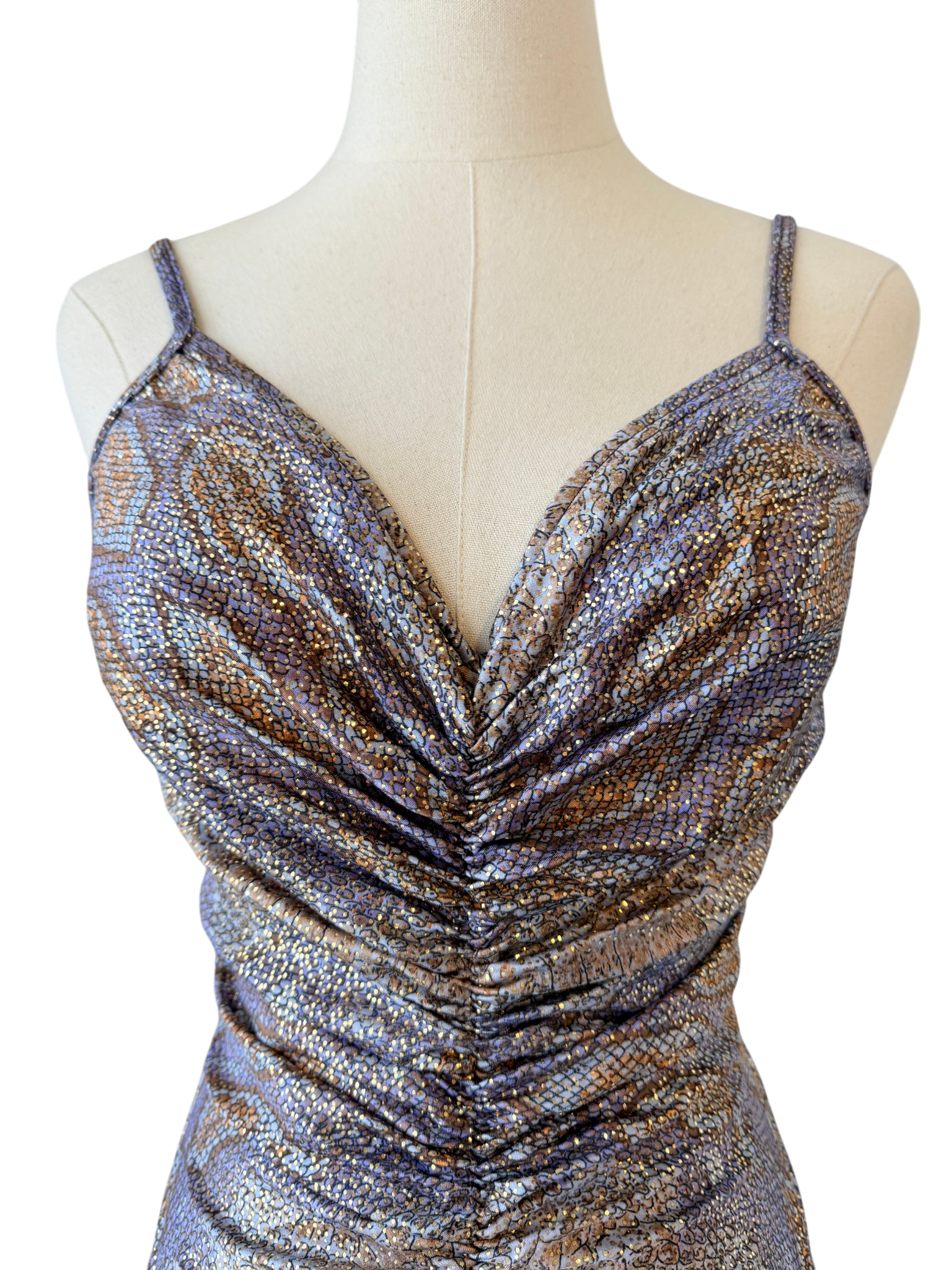 1970s Bill Blass Strappy Ruched Lizard Print Lamé Bathing Suit