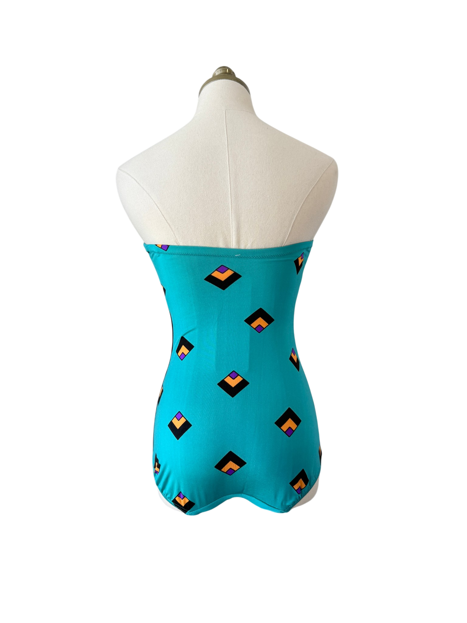 1970s Gottex Teal Strapless One-Piece Swimsuit with Jewel Tone Print