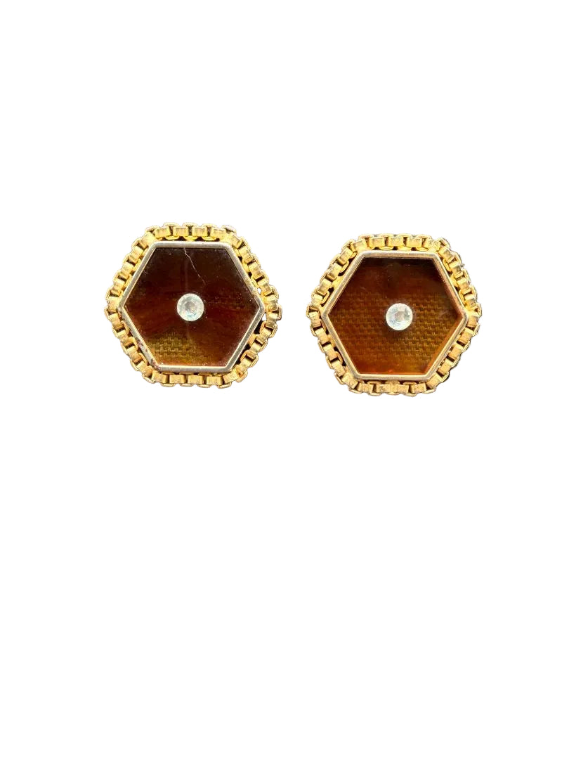 1960s Gold-Tone Pentagon Box-Chain Earrings with Tortoiseshell Glass & Rhinestones