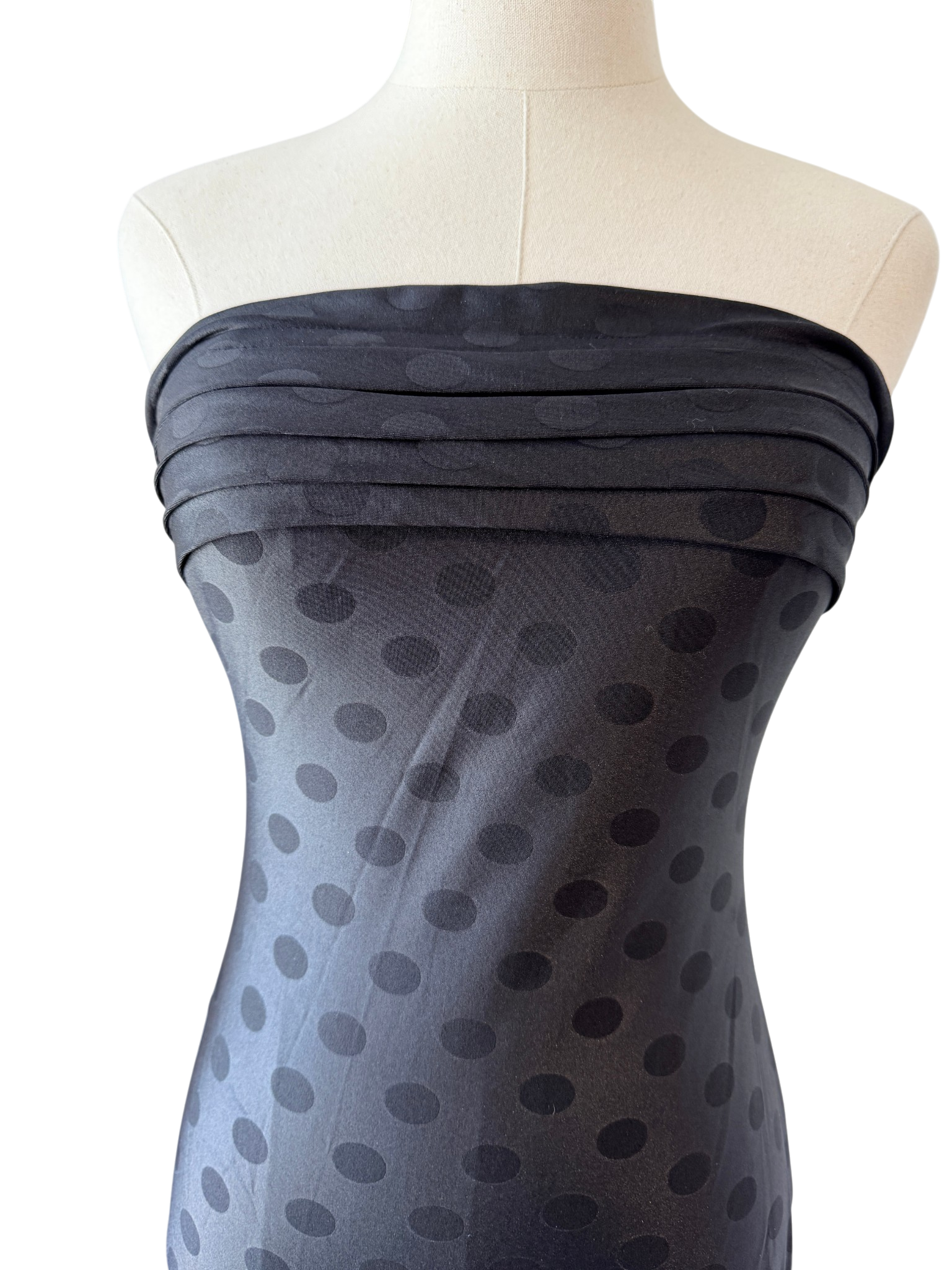 1970s Gottex Black Strapless Pleated Swimsuit with Polka Dots