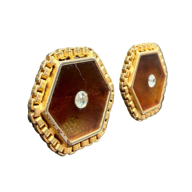 1960s Gold-Tone Pentagon Box-Chain Earrings with Tortoiseshell Glass & Rhinestones