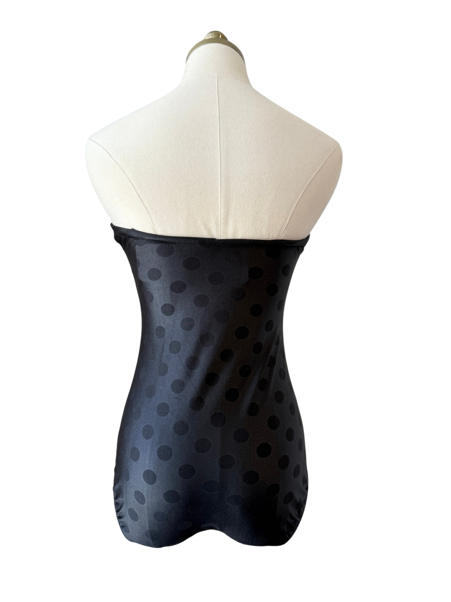 1970s Gottex Black Strapless Pleated Swimsuit with Polka Dots
