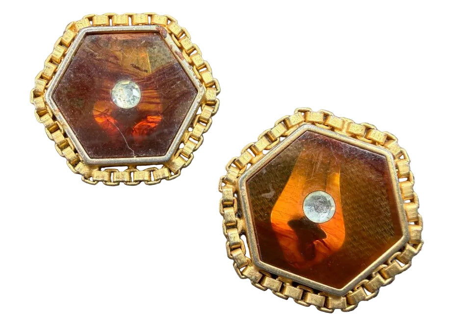 1960s Gold-Tone Pentagon Box-Chain Earrings with Tortoiseshell Glass & Rhinestones
