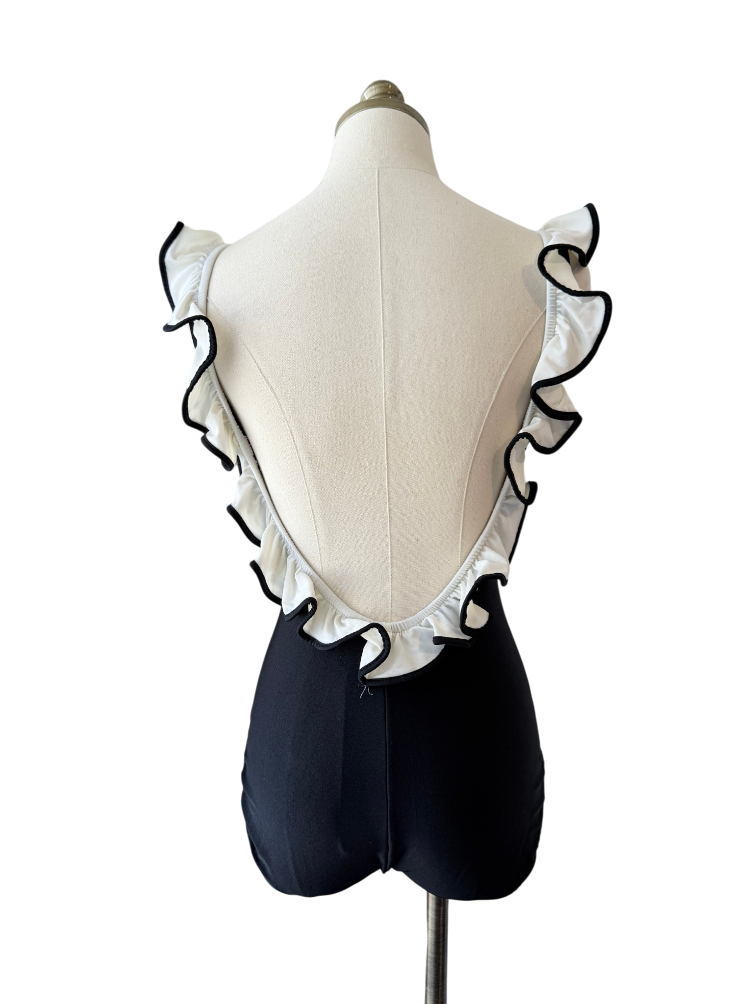 1970s Black One-Piece Bathing Suit with White Ruffle Trim