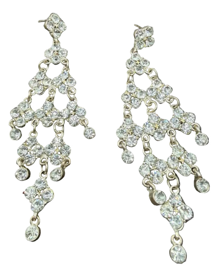 1970s Silver-Tone Clear Rhinestone Floral Chandelier Earrings