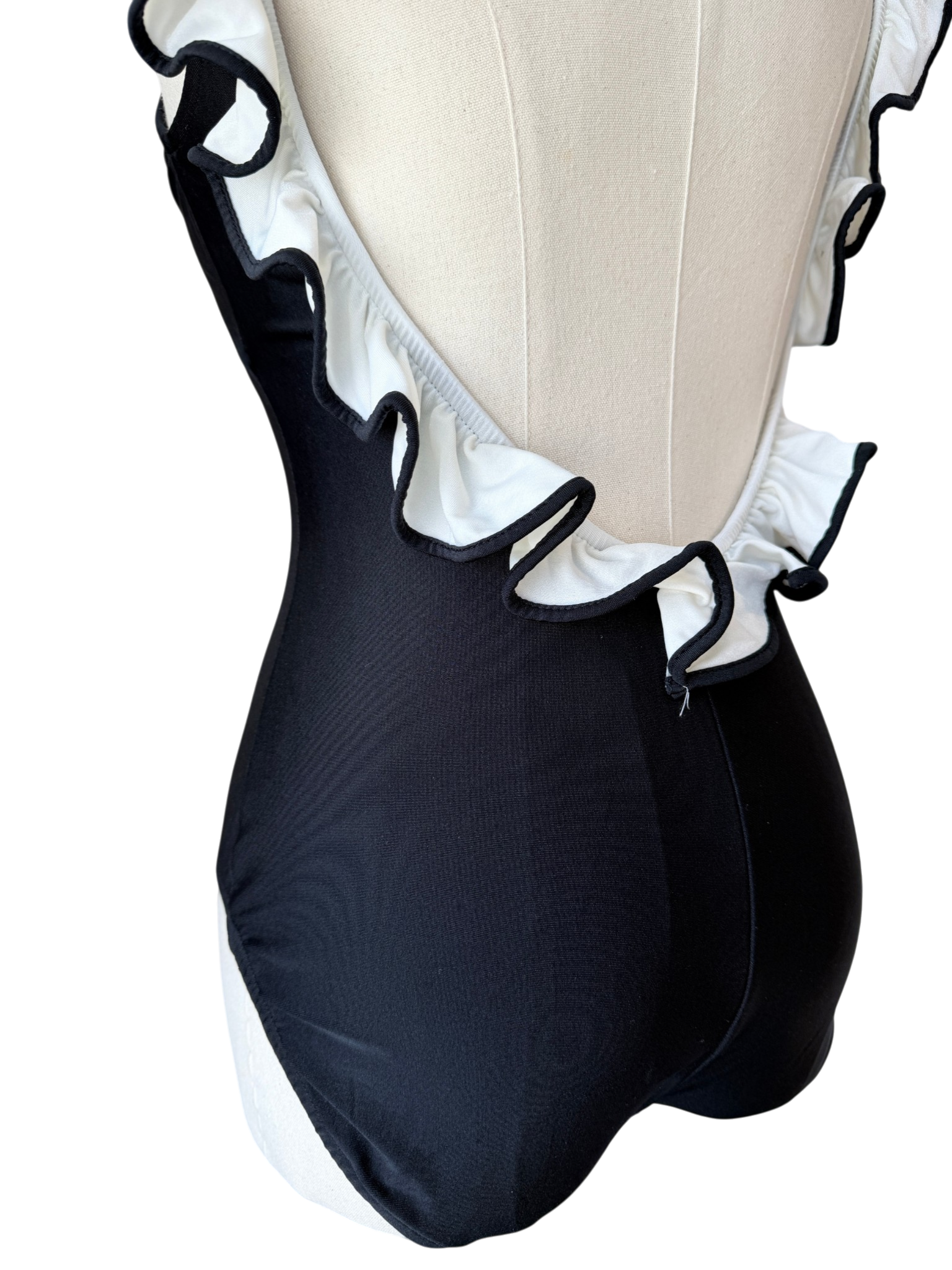 1970s Black One-Piece Bathing Suit with White Ruffle Trim