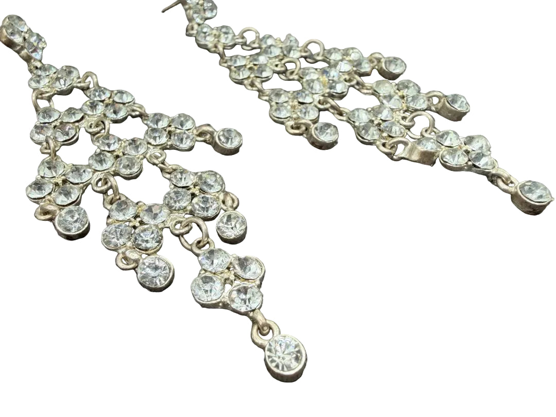 1970s Silver-Tone Clear Rhinestone Floral Chandelier Earrings