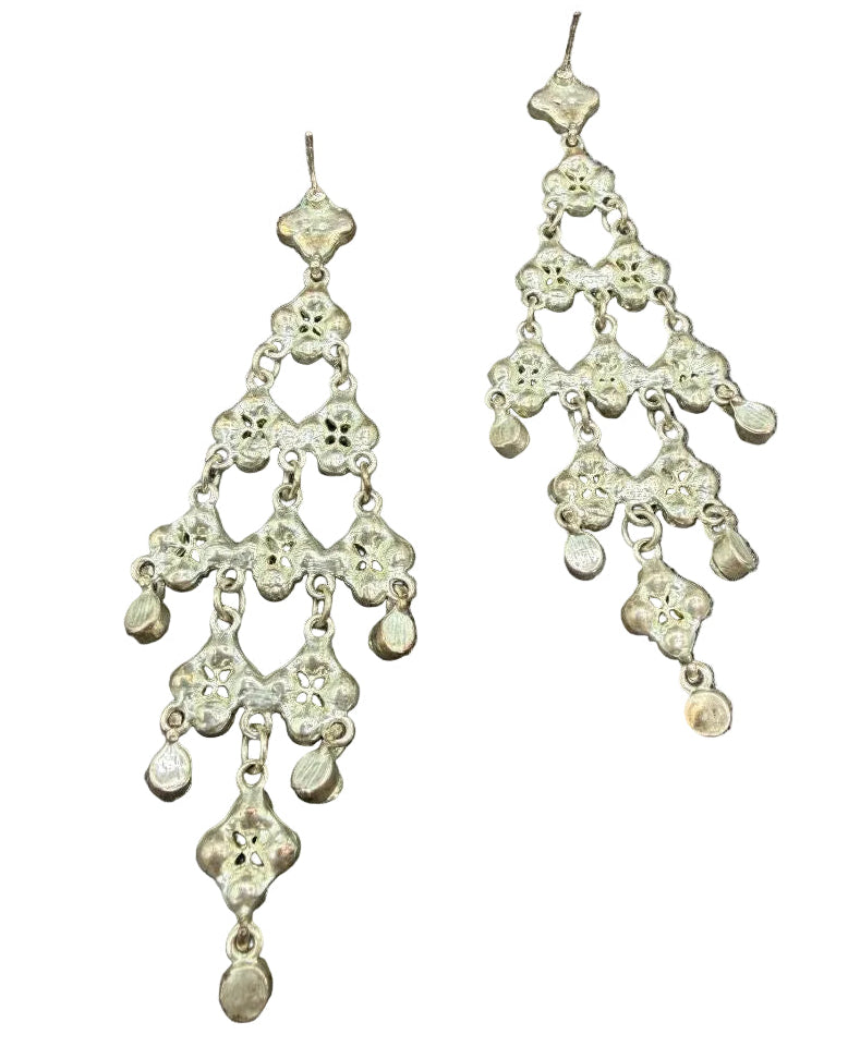 1970s Silver-Tone Clear Rhinestone Floral Chandelier Earrings