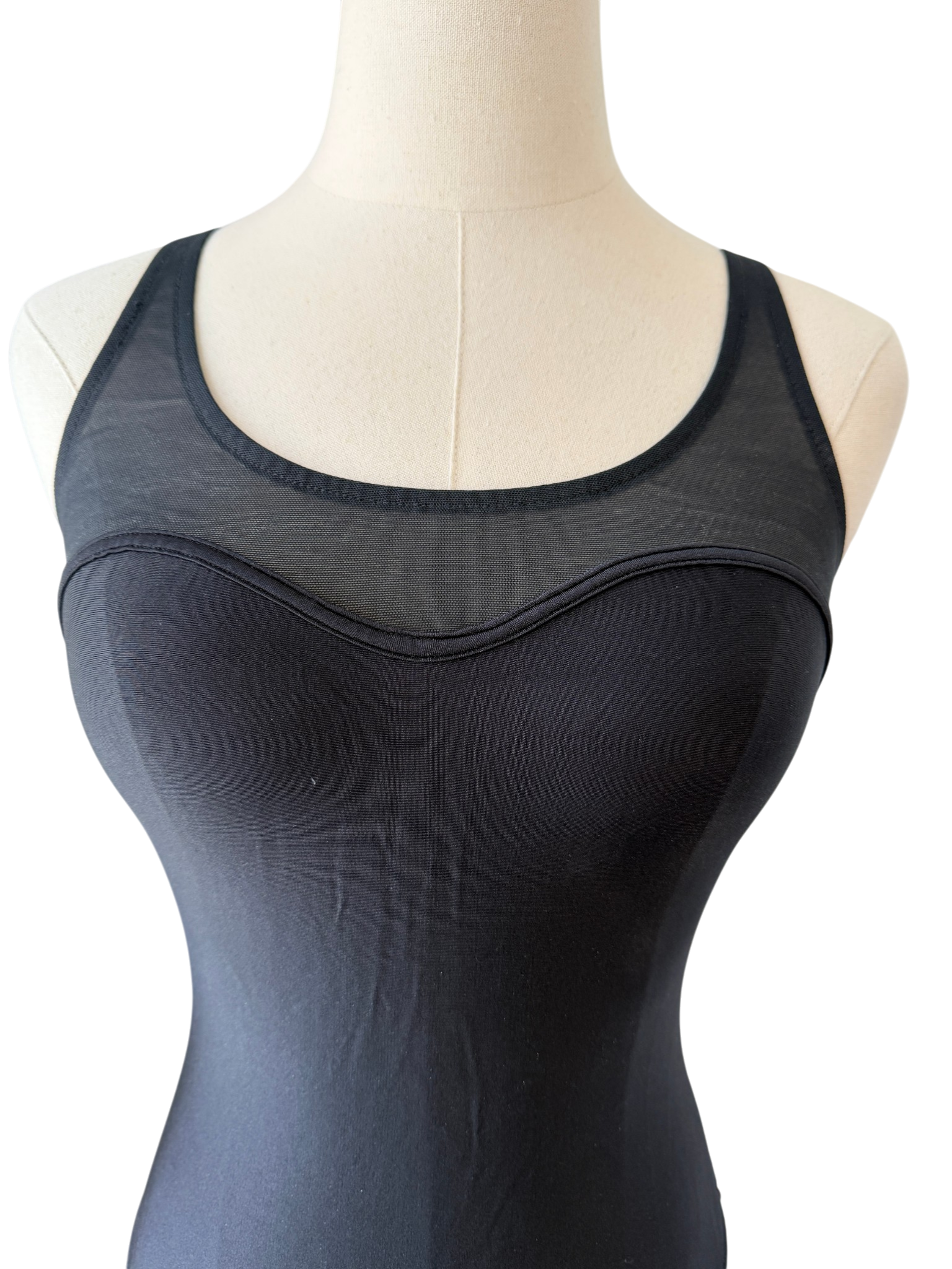 1970s Union Made Black One-Piece Bathing Suit with Mesh Top Detail