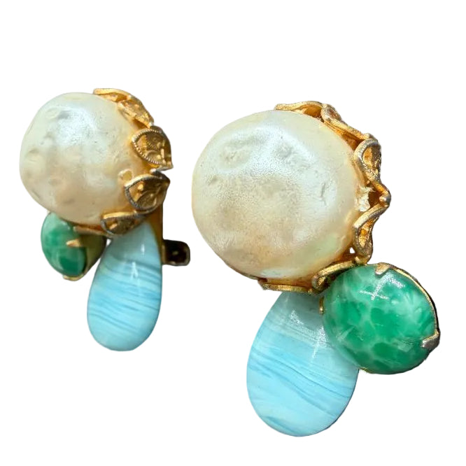 1950s Gold-Tone Green & Aqua Glass Bead Cluster Earrings with Faux Pearl