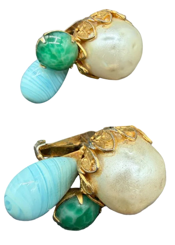 1950s Gold-Tone Green & Aqua Glass Bead Cluster Earrings with Faux Pearl
