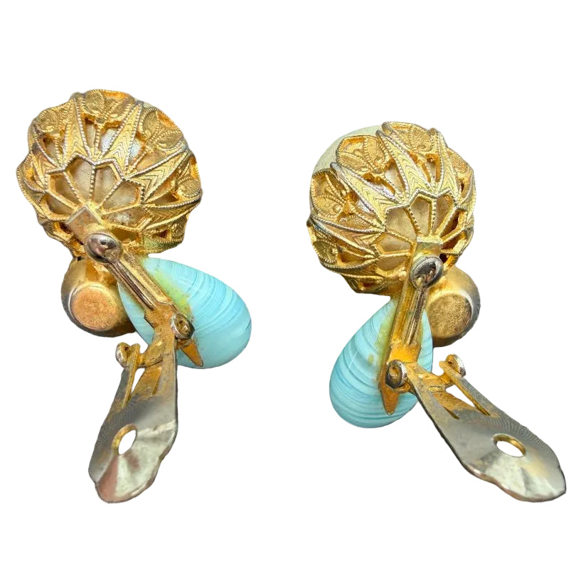 1950s Gold-Tone Green & Aqua Glass Bead Cluster Earrings with Faux Pearl