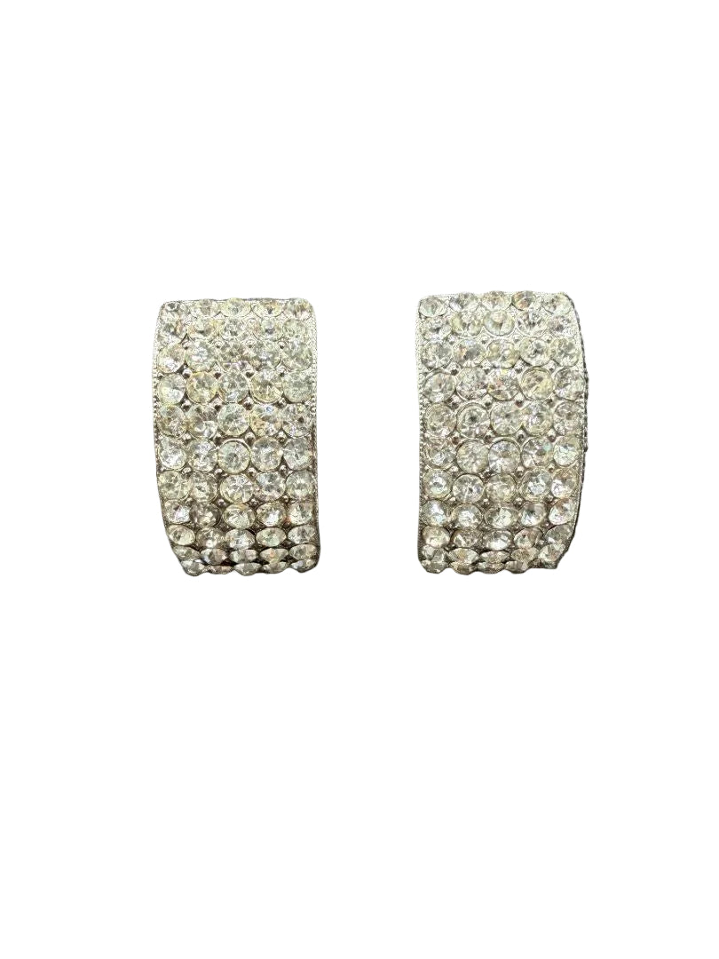 1970s Silver-Tone Clear Rhinestone Pavé Half-Hoop Earrings