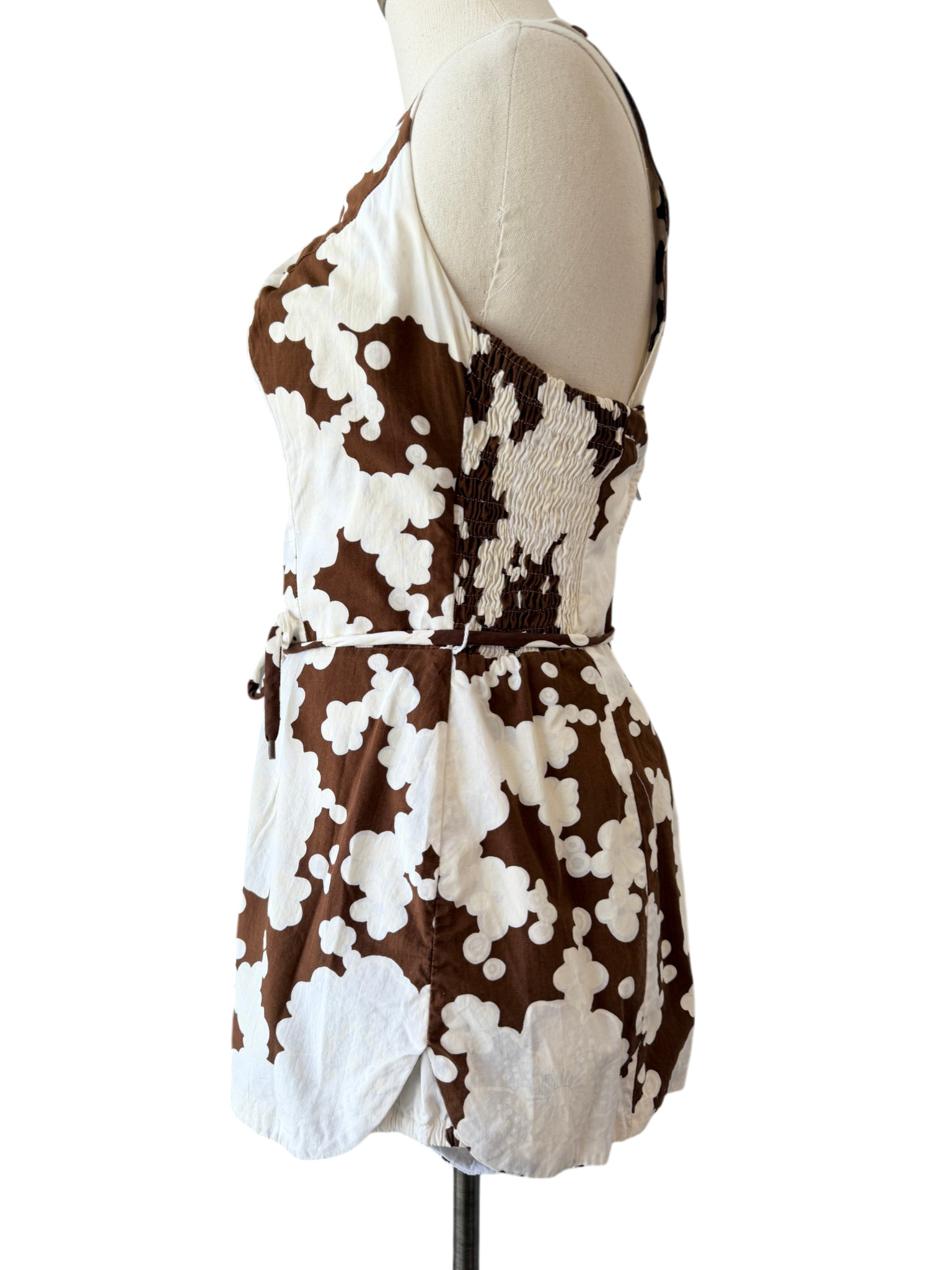 1960s Sears Brown & White Floral Cotton Swimsuit with Rope Belt