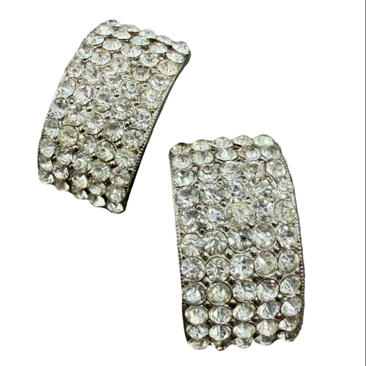 1970s Silver-Tone Clear Rhinestone Pavé Half-Hoop Earrings
