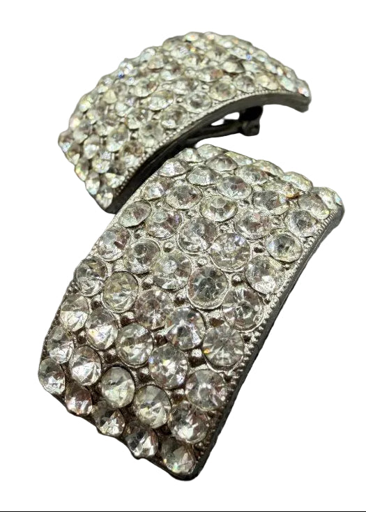 1970s Silver-Tone Clear Rhinestone Pavé Half-Hoop Earrings