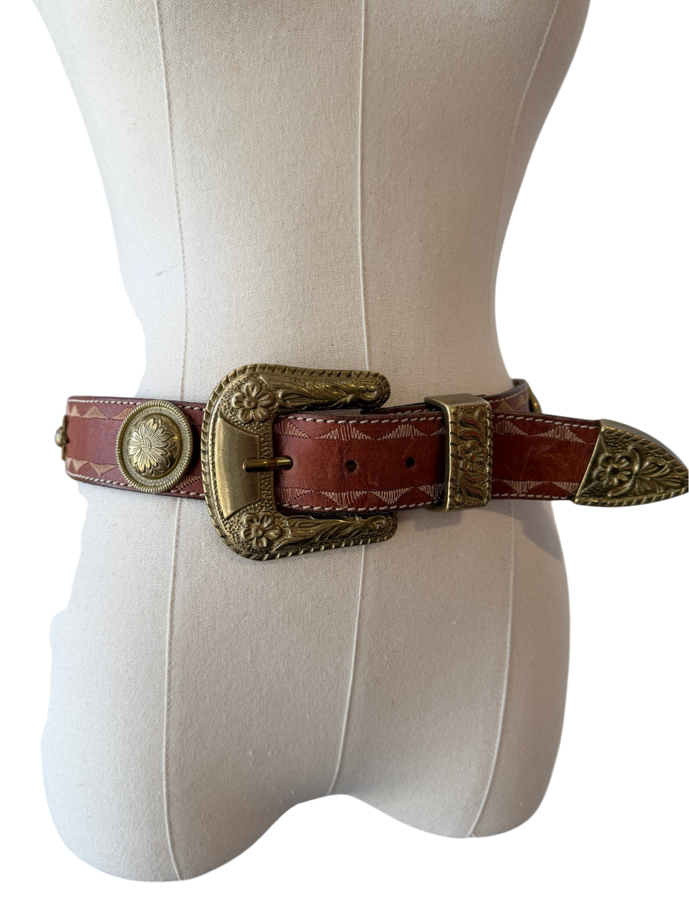 1990s Adoppia Vita Leather Belt with Brass Star & Floral Disc Details