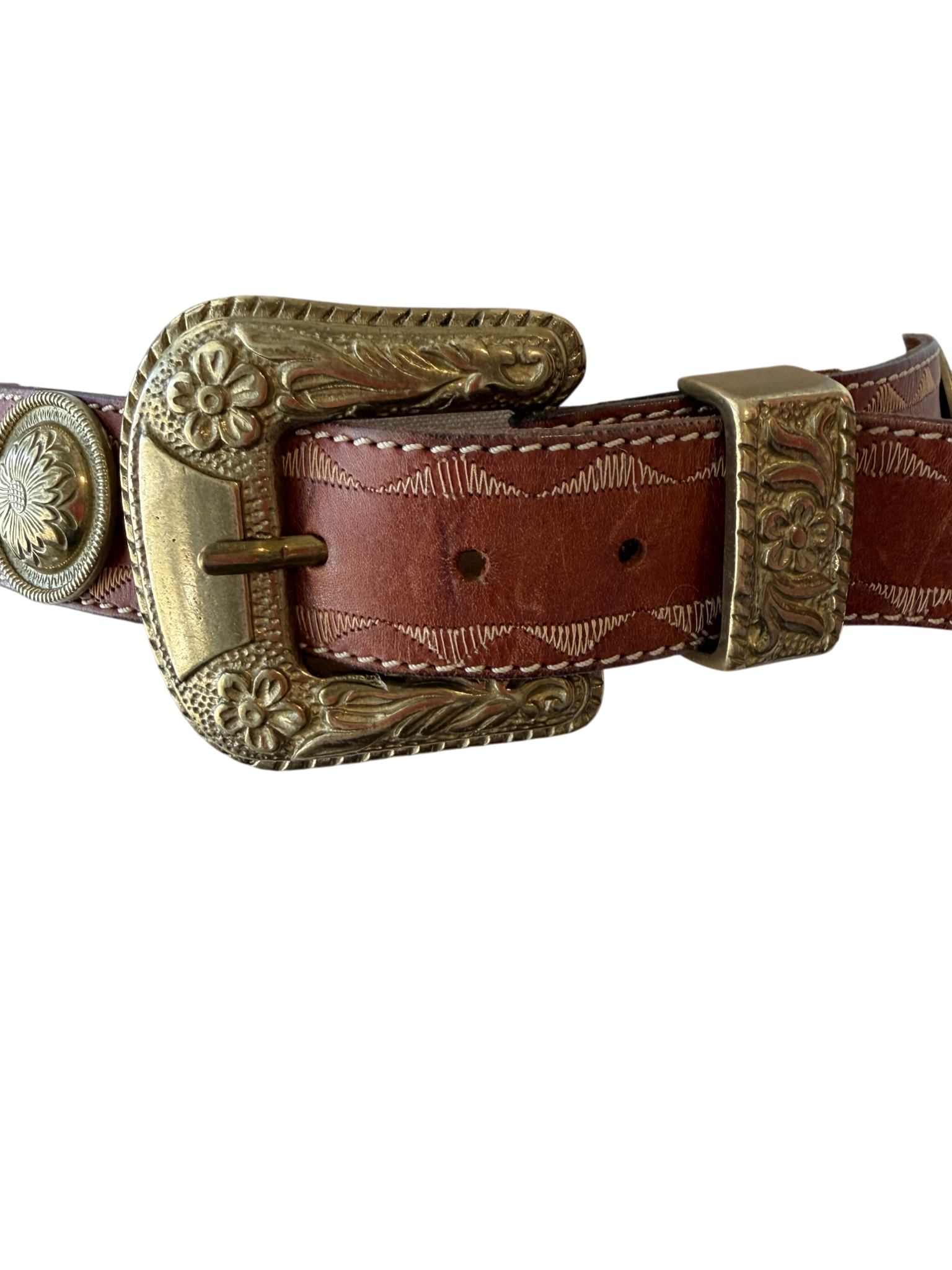 1990s Adoppia Vita Leather Belt with Brass Star & Floral Disc Details