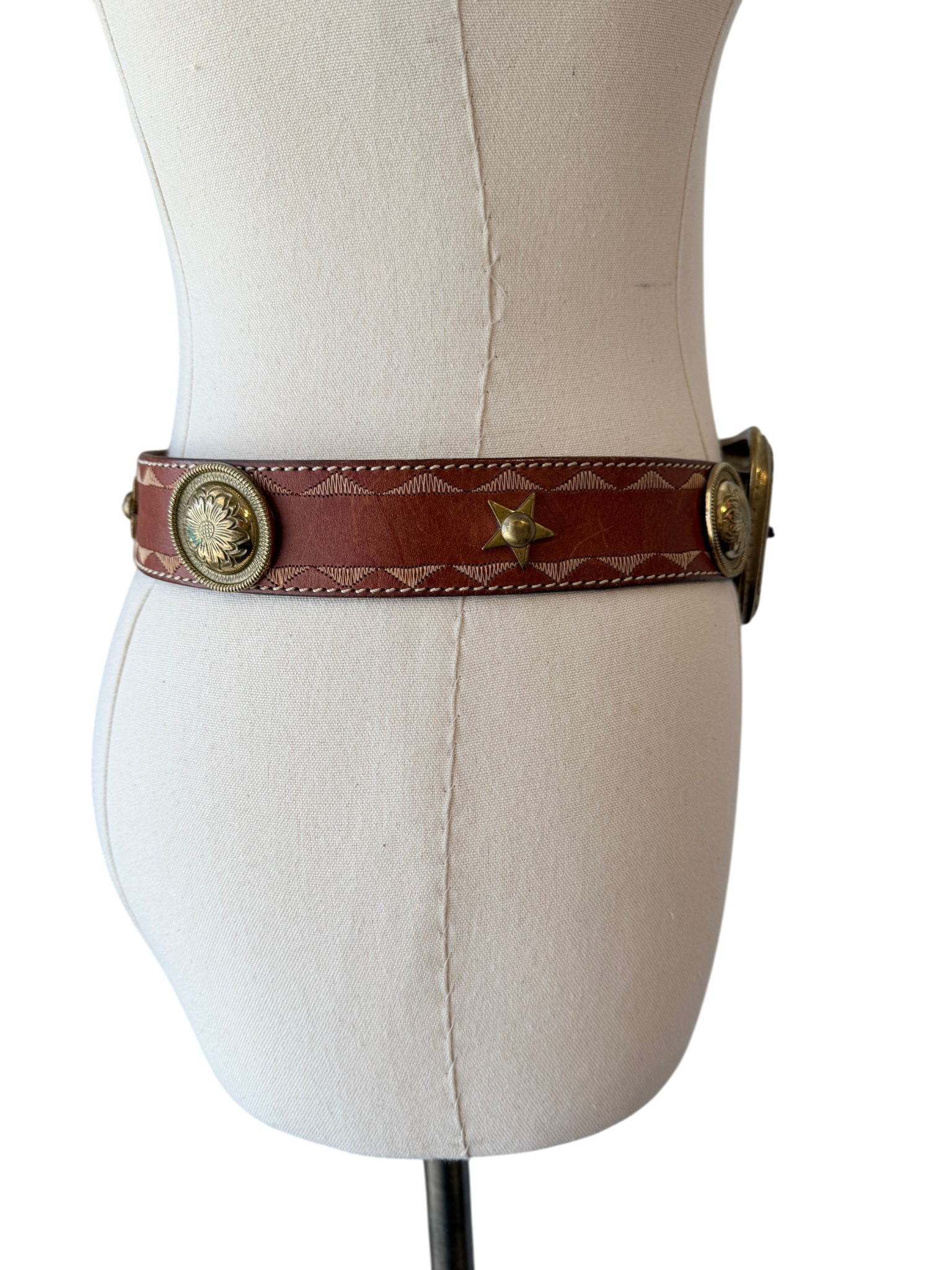 1990s Adoppia Vita Leather Belt with Brass Star & Floral Disc Details