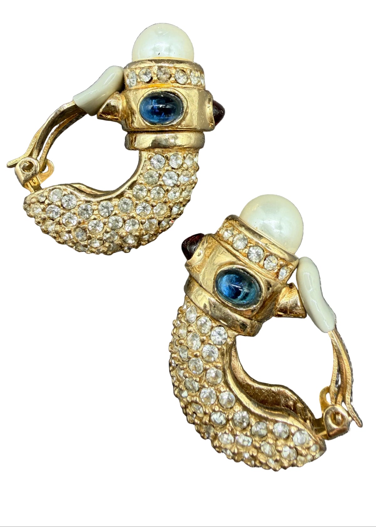 1980s Ciner “Moghul of India” Gold-Tone Shrimp Clip Earrings with Rhinestones, Jewel-Tone Cabochons & Faux Pearls